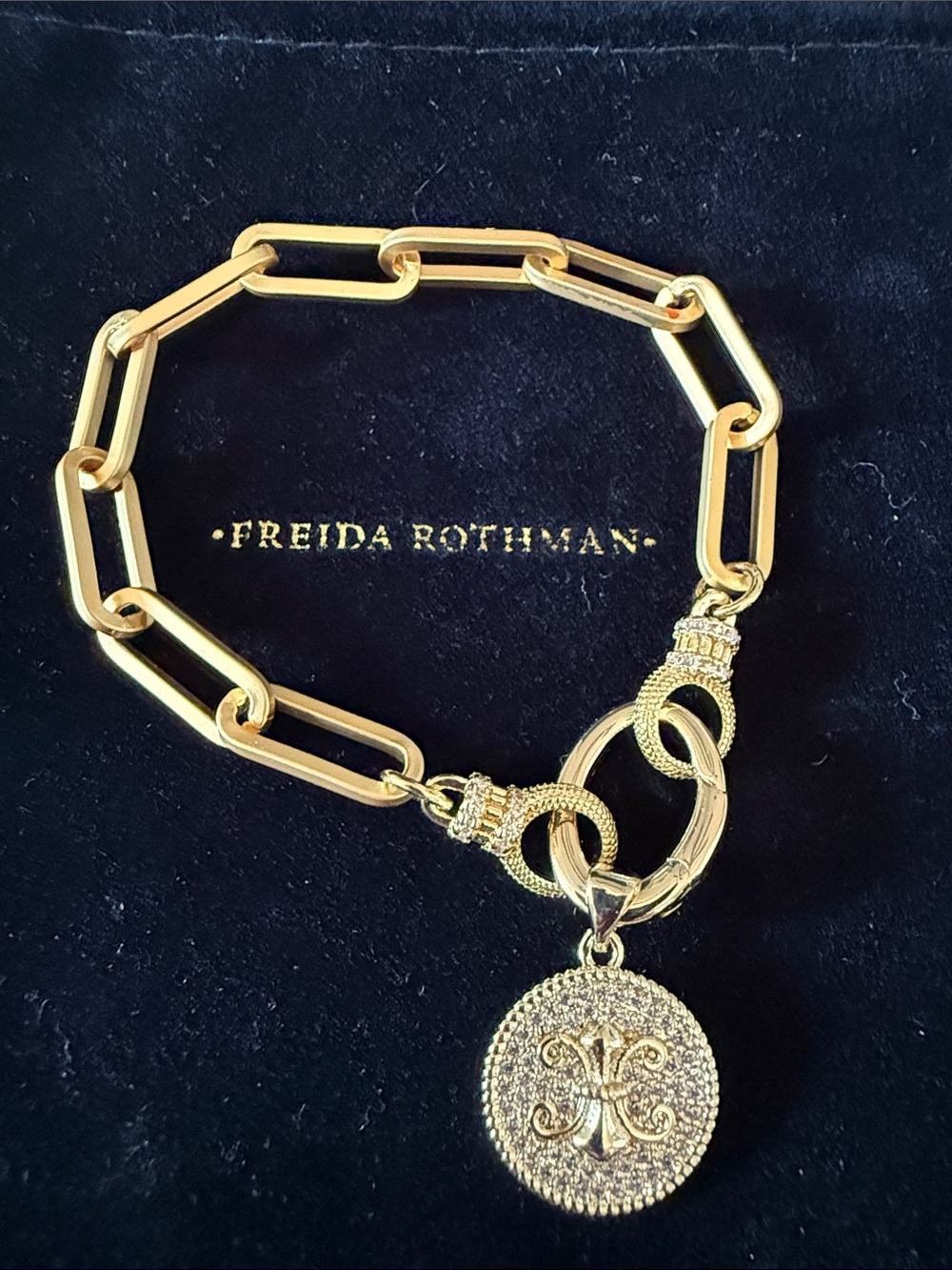 Freida Rothman Gold Link Chain Bracelet with Medallion Charm